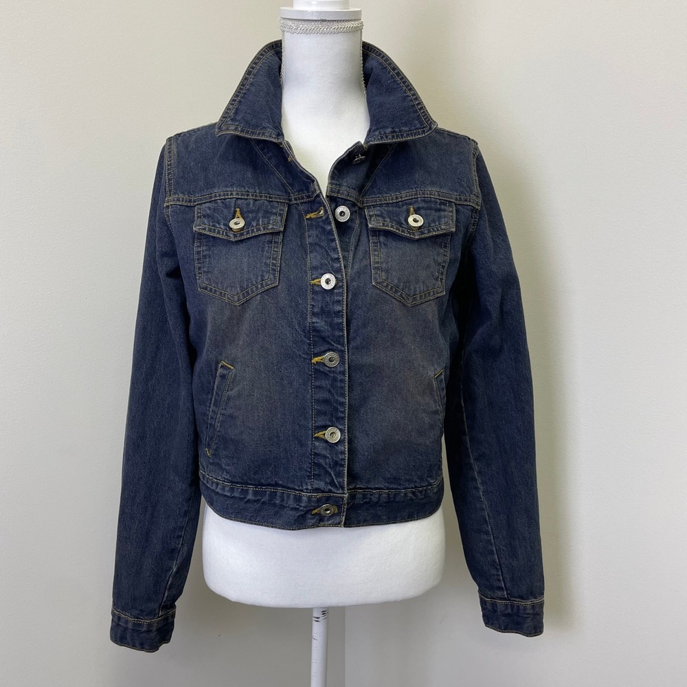 Y2K Express Jeans Womens Dark Dirty Wash Denim Trucker Jacket M Cotton USA